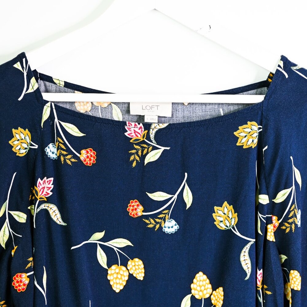 LOFT OUTLET Navy Floral Wide Neck Long Sleeve Blouse - Size Small - Picture 6 of 7